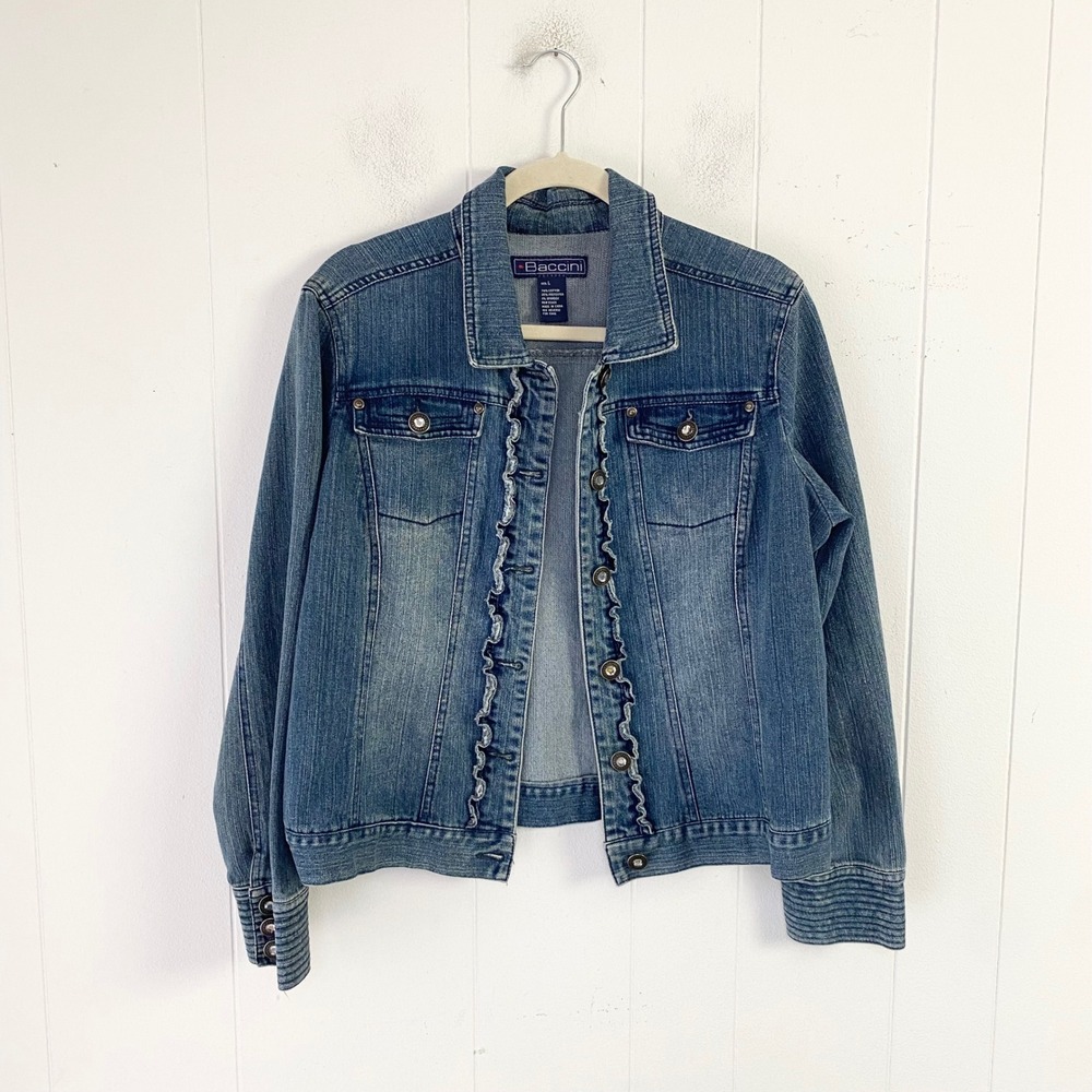 Baccini Women Blue Denim Ruffle Crystal Button Stretch Jean Jacket Large